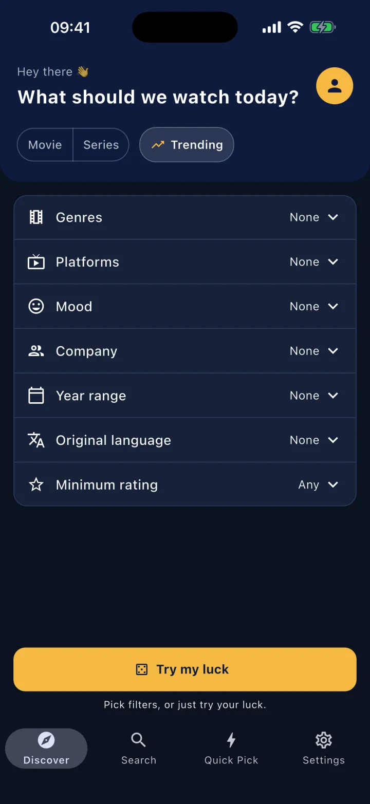 Discover screen: filters and Try my luck