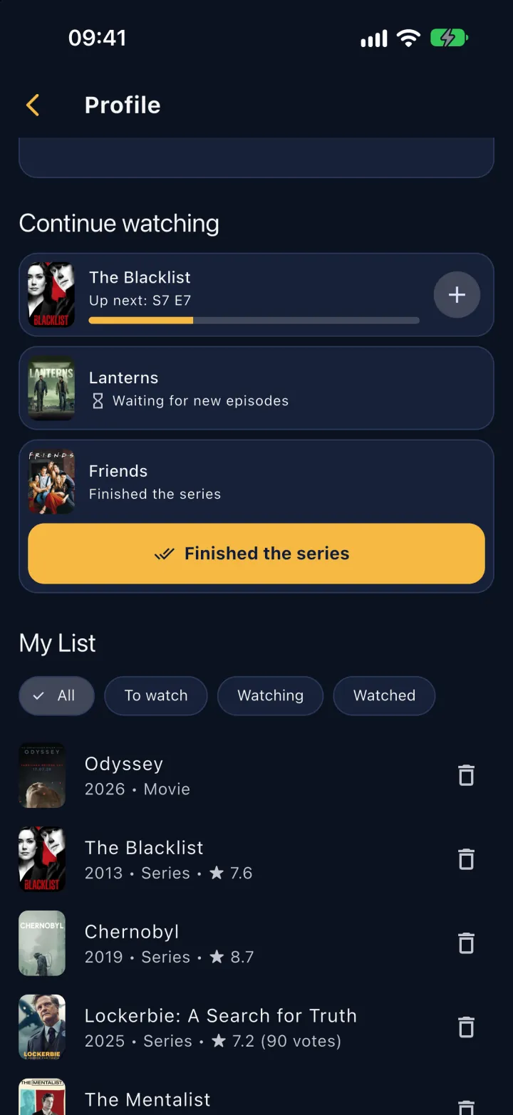 Profile screen: Continue watching and My List