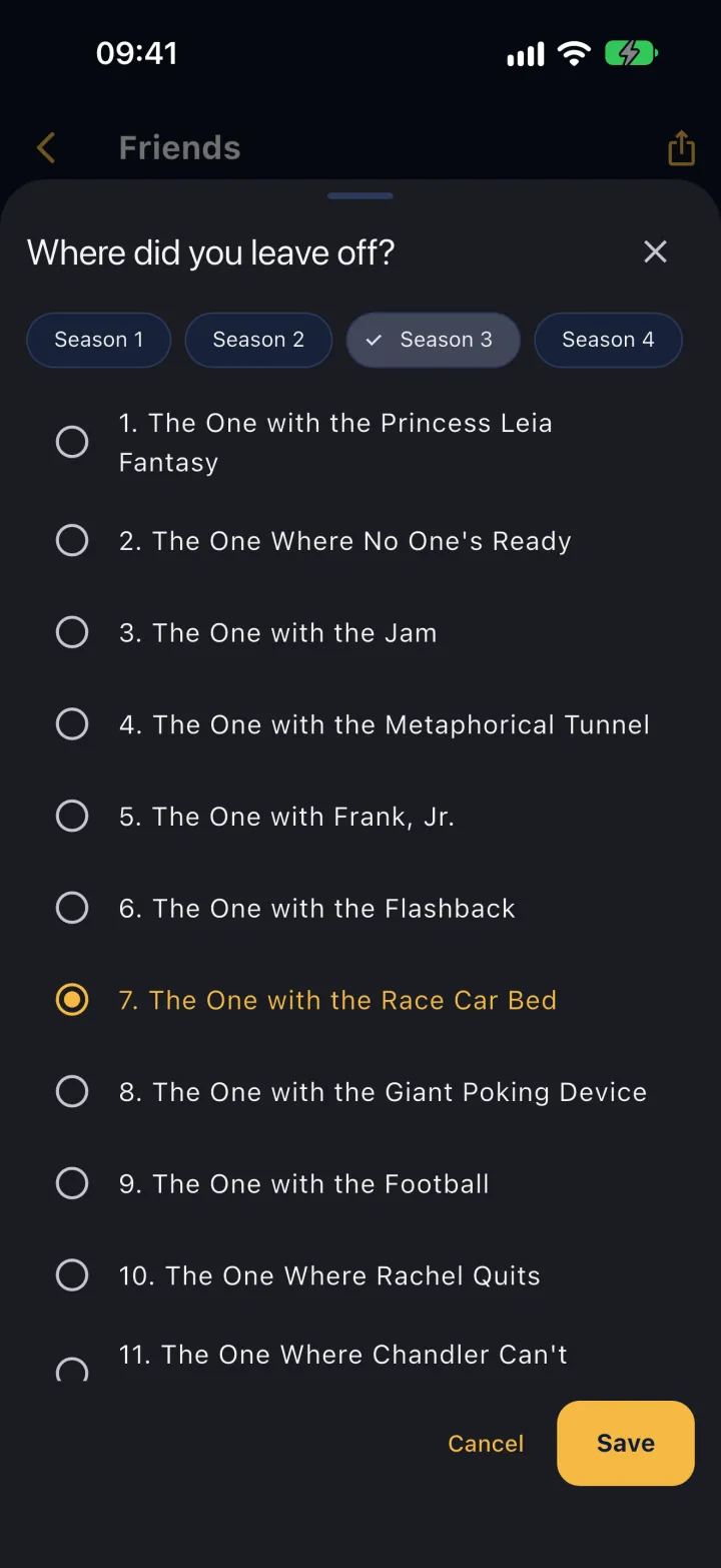 Where did you leave off? sheet: choosing a season and episode of Friends