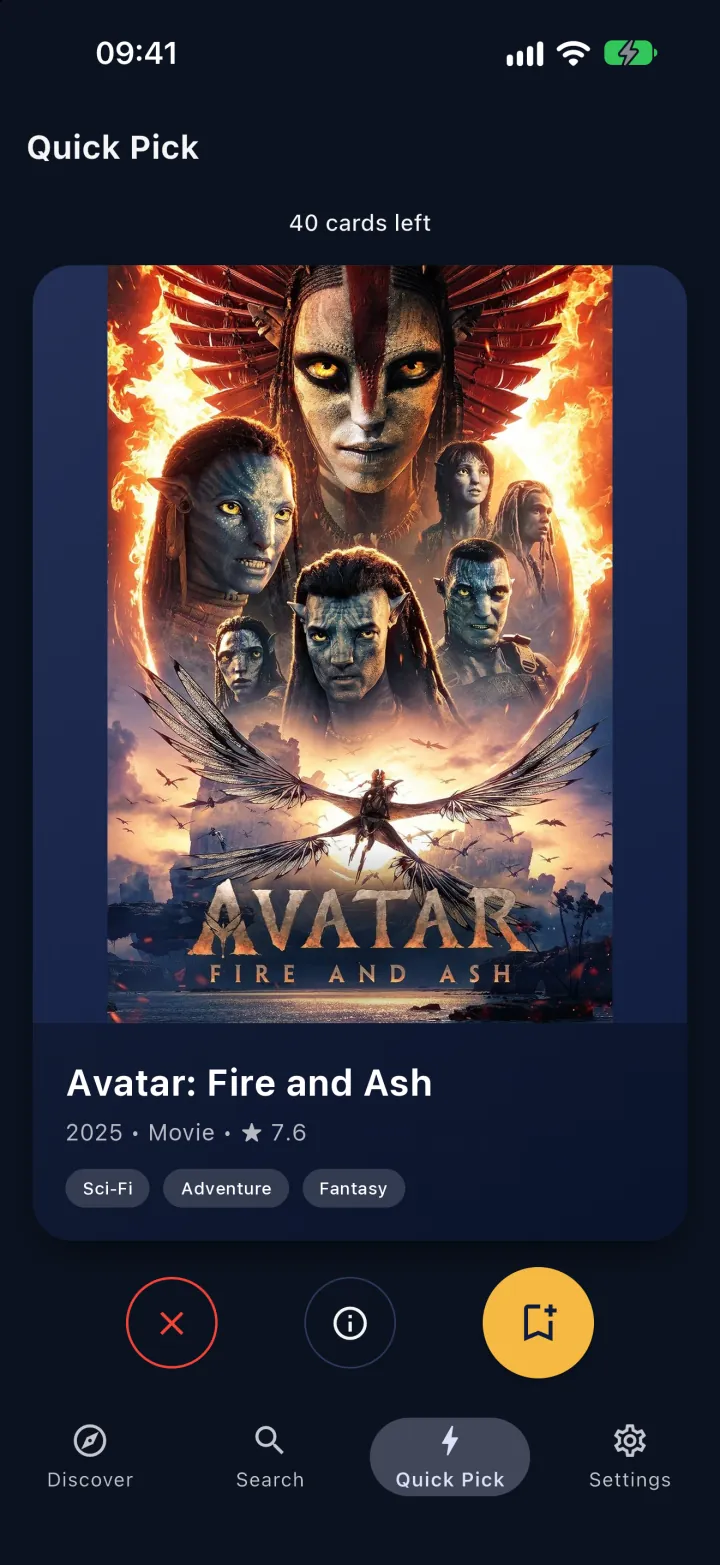 Quick Pick screen: a swipeable movie card