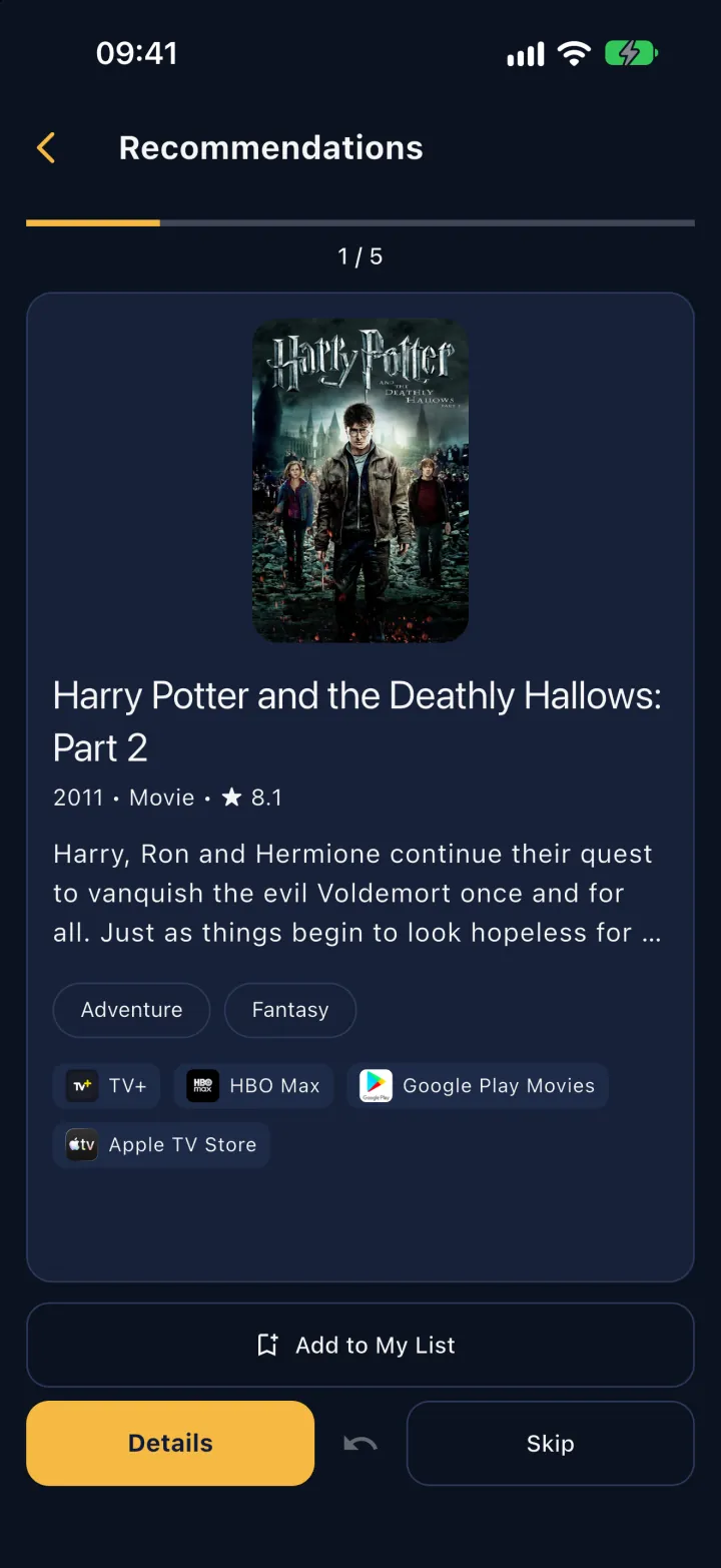 Recommendations screen: a pick and where to stream it