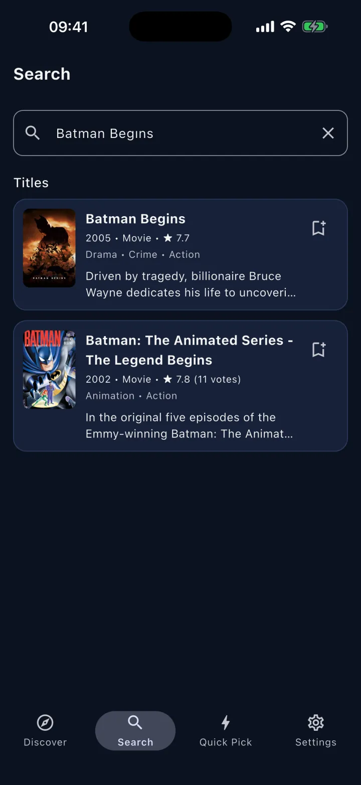 Search screen: results for Batman Begins