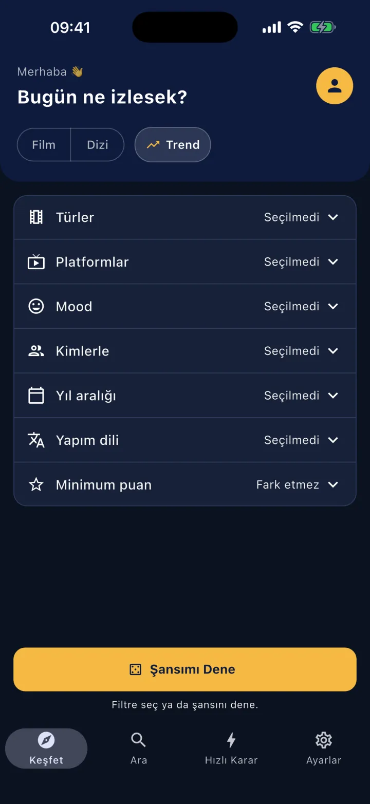Keşfet ekranı: filtreler ve Şansımı Dene