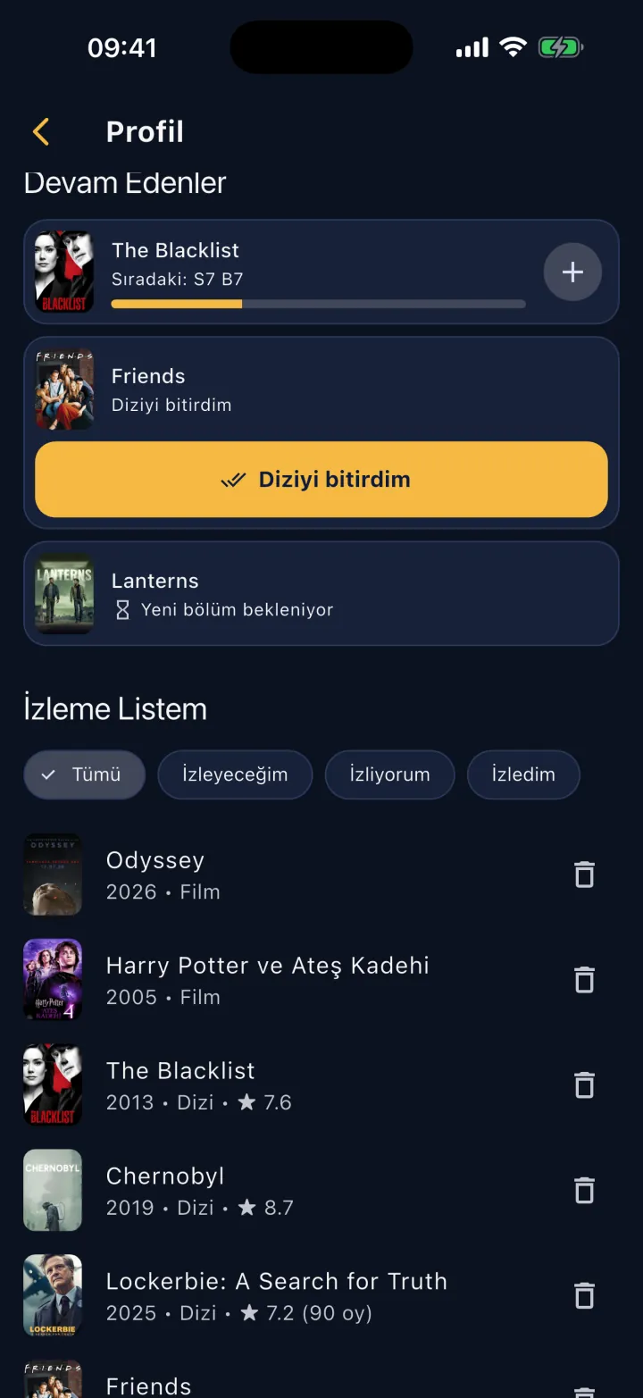 Profil ekranı: Devam Edenler ve İzleme Listem