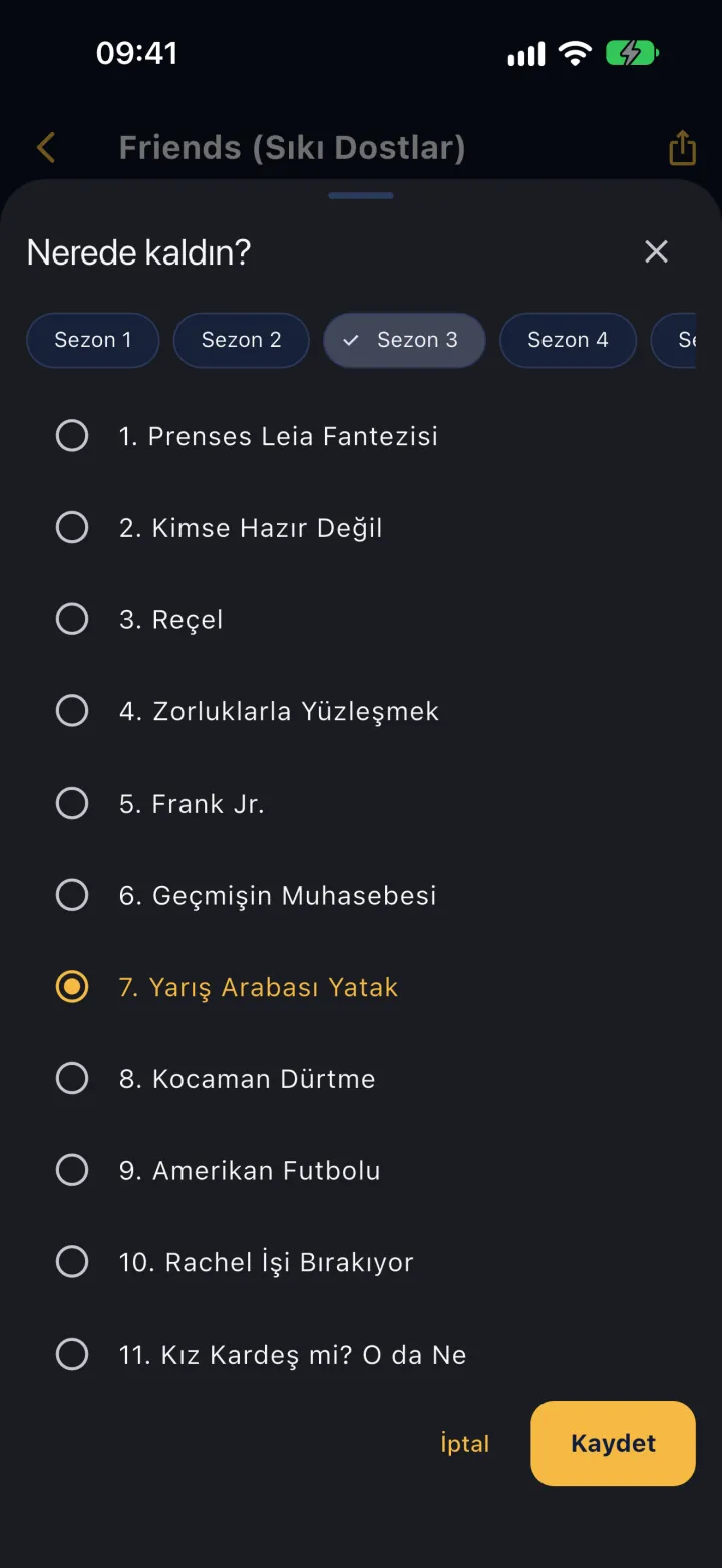 Nerede kaldın? penceresi: Friends için sezon ve bölüm seçimi