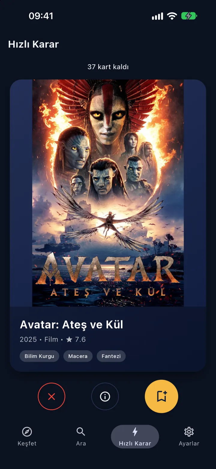 Hızlı Karar ekranı: kaydırılabilir film kartı