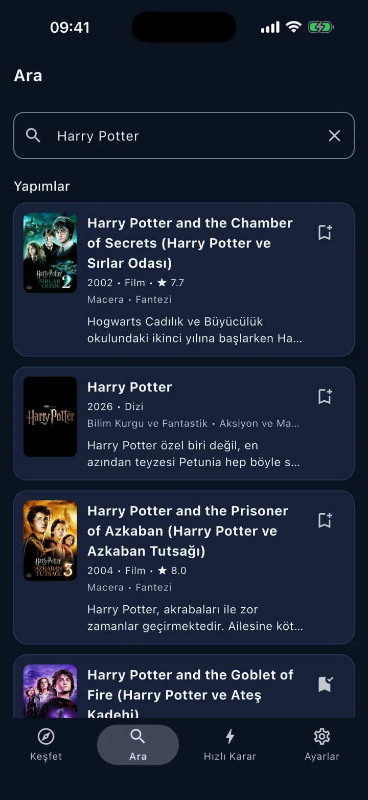 Ara ekranı: Harry Potter araması sonuçları